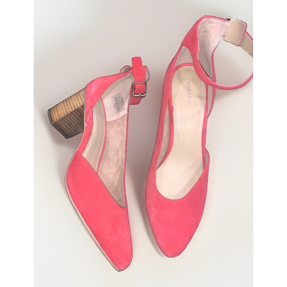 Soludos Red Suede Block Heels Size 11 Ankle Strap Pointed Toe Pop Color Y2K